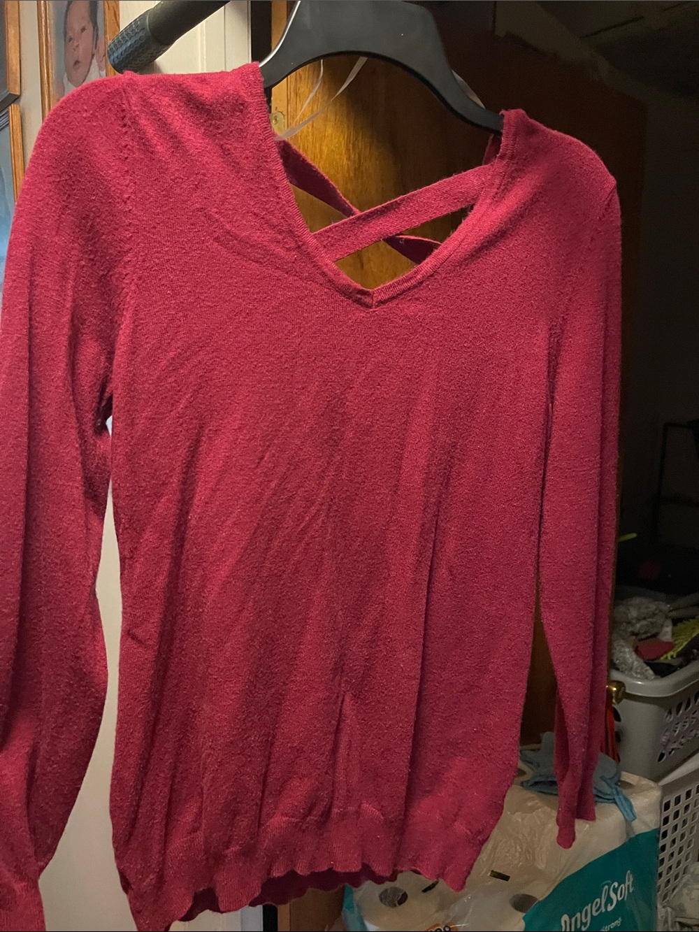 Women's Crisscross V-Neck Long Sleeve Sweater - Wine